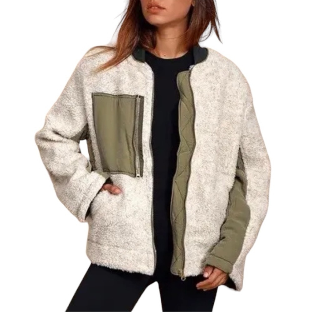 Free People Rivington Sherpa Olive Oversized Relaxed Zipper Jacket Womens Large